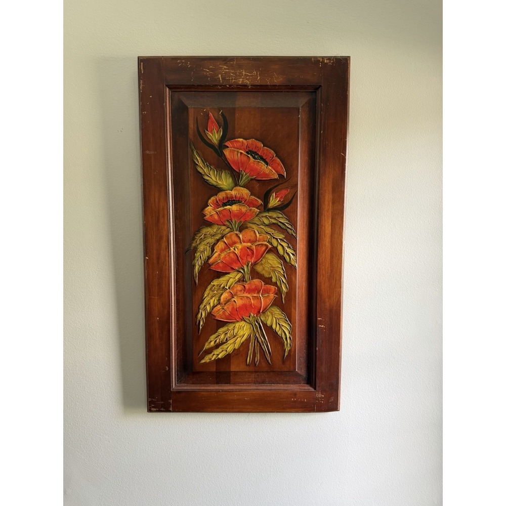 Vintage Hand Painted Floral Wood Wall Art Panel Framed